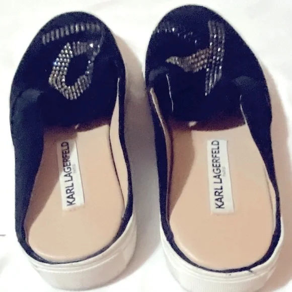 Karl Lagerfeld Black Rhinestone Slip On Slides Shoes - Picture 2 of 5